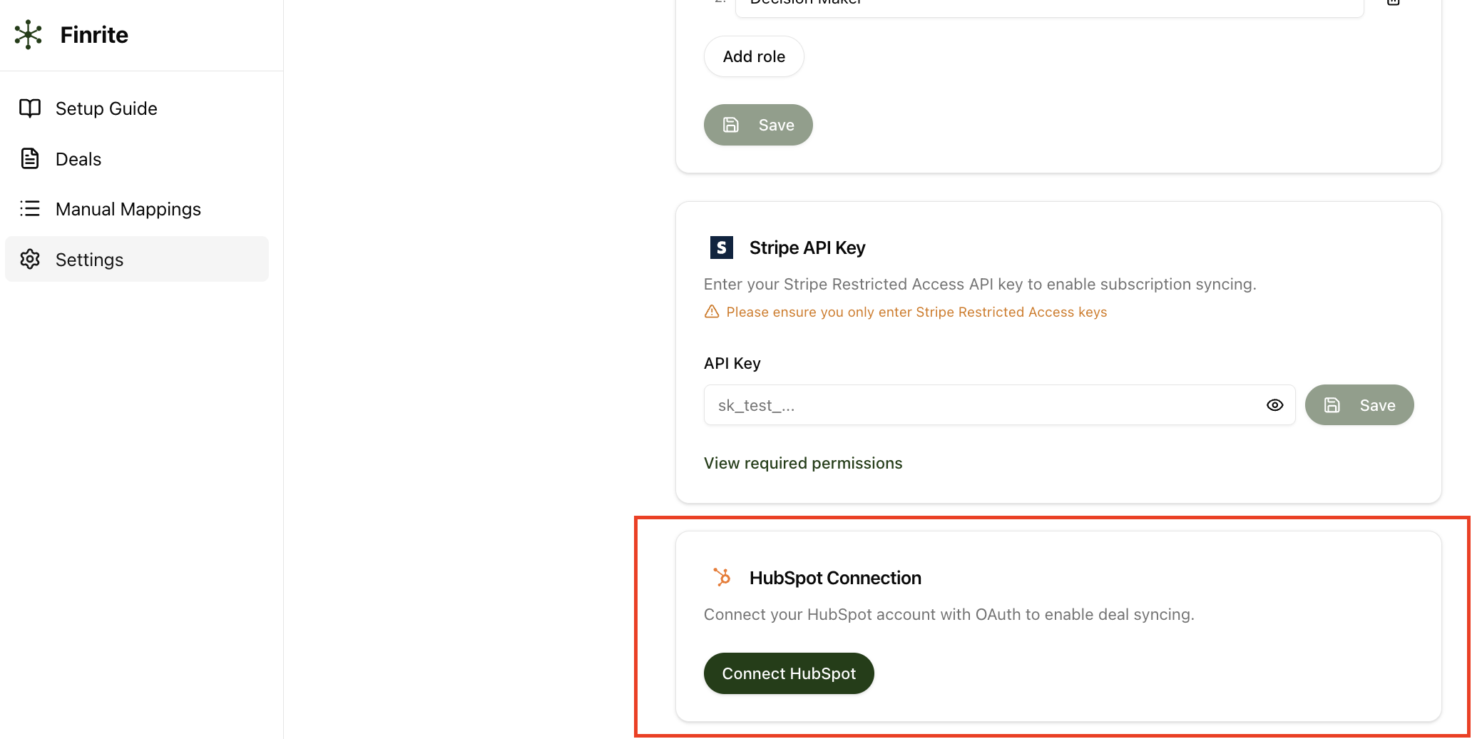 Finrite settings page with the HubSpot Connection section highlighted, showing the Connect HubSpot button