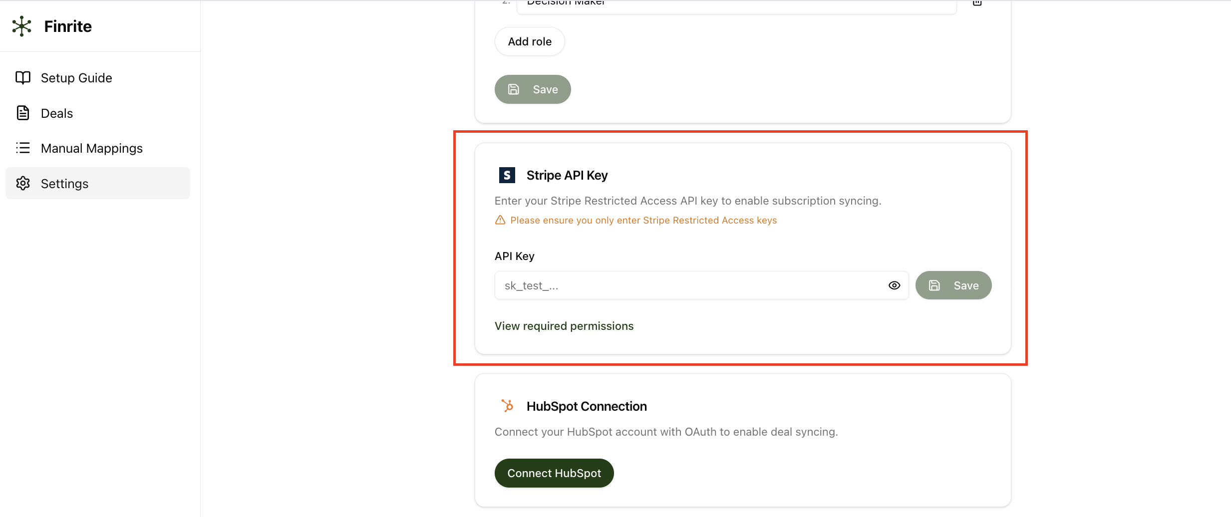 Finrite settings page with the Stripe API Key section highlighted, where you paste your restricted access key