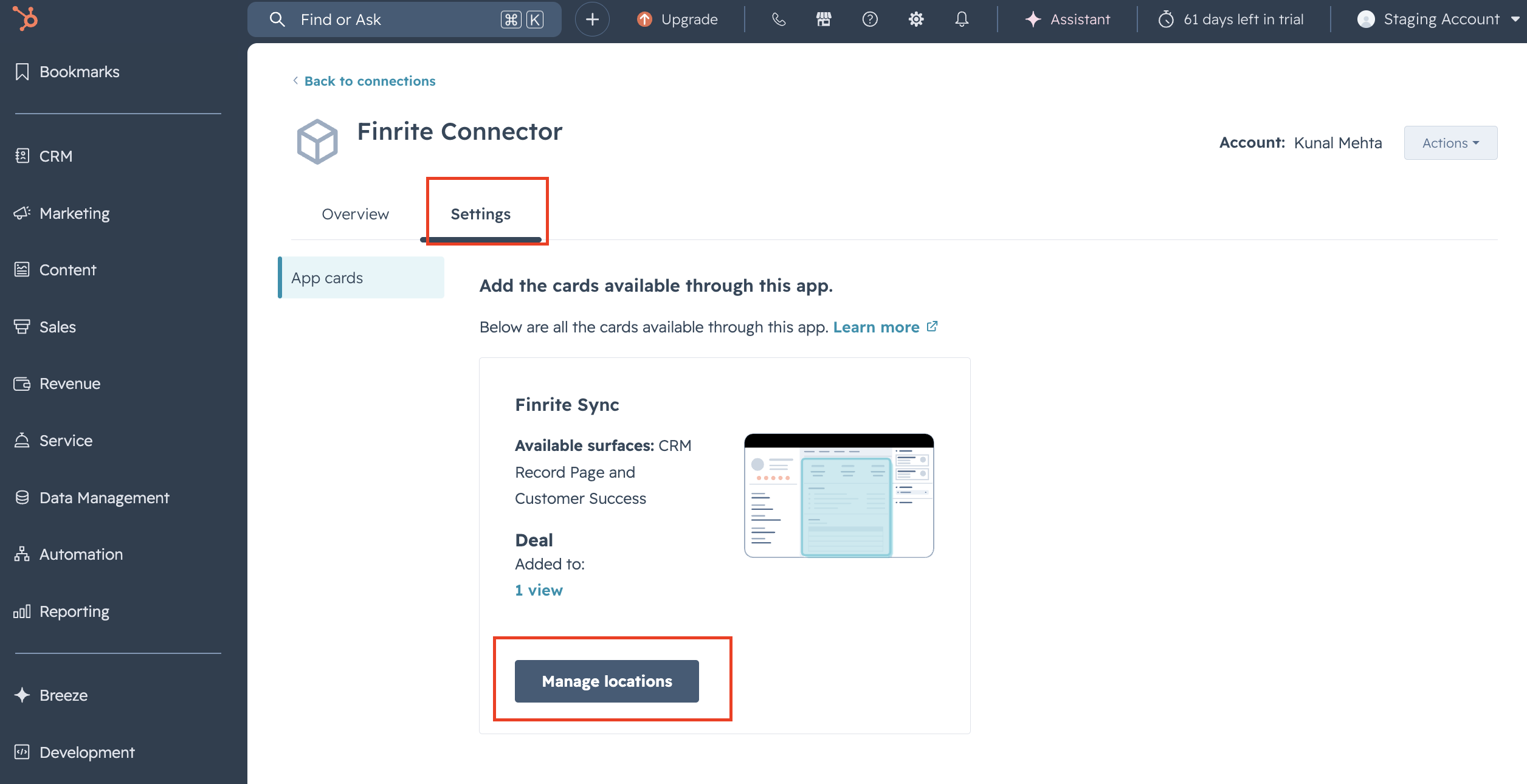 Finrite Connector app settings in HubSpot showing the App cards tab and the Manage locations button