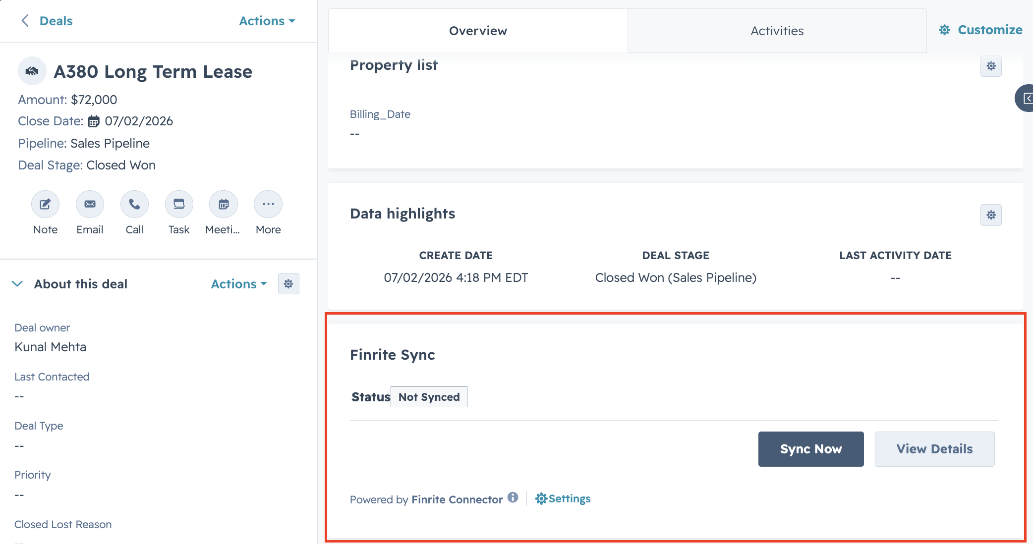 HubSpot deal record showing the Finrite Sync card with a Not Synced status and the Sync Now button