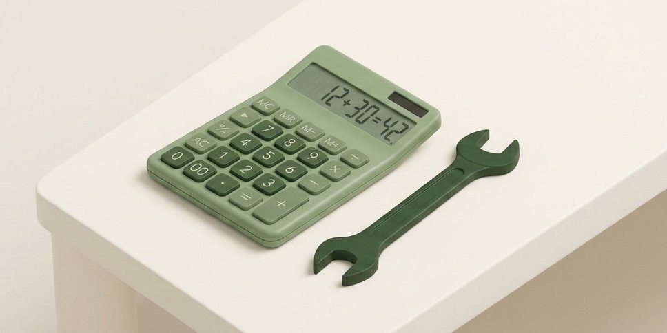A green calculator and wrench — pricing plus tooling, the two halves of CPQ