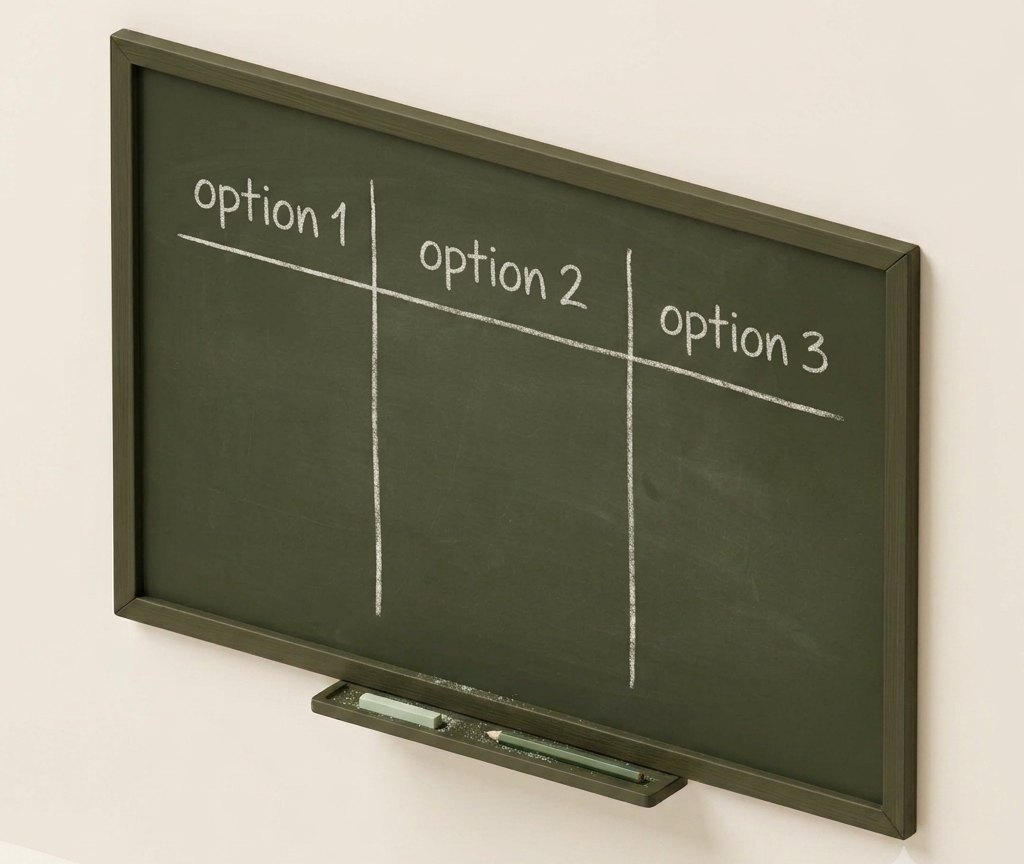 A chalkboard with three empty columns: option 1, option 2, option 3