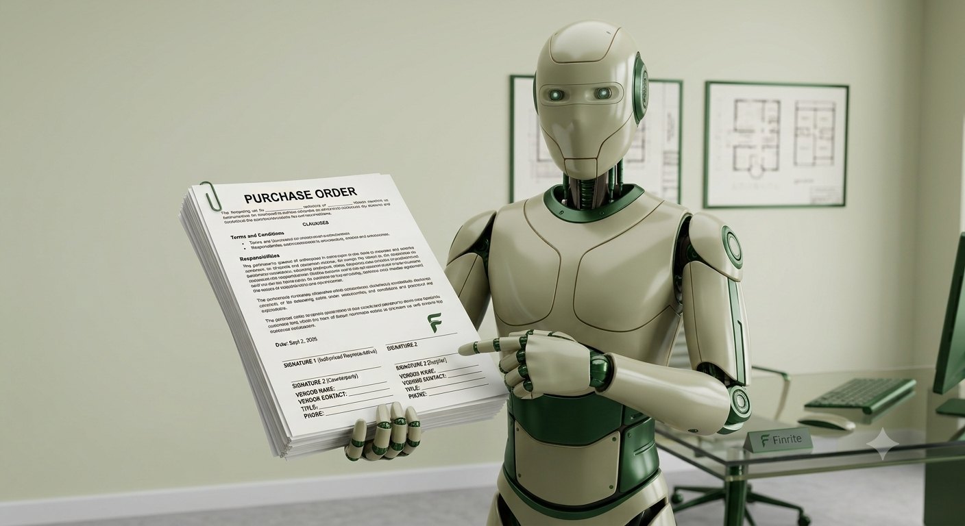 A robot assistant holding a signed purchase order, ready to turn it into billing