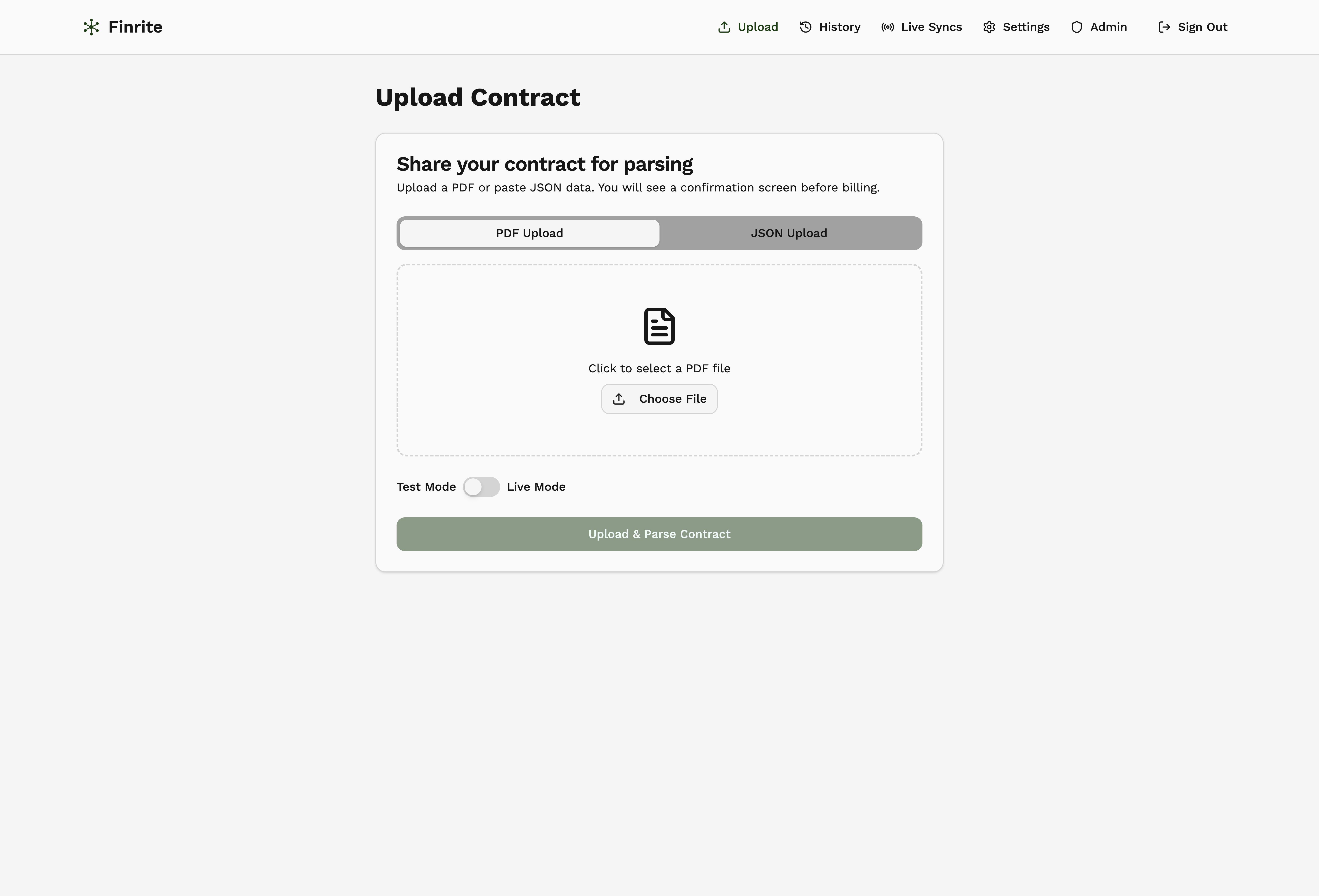 Finrite contract upload interface with PDF and JSON upload options