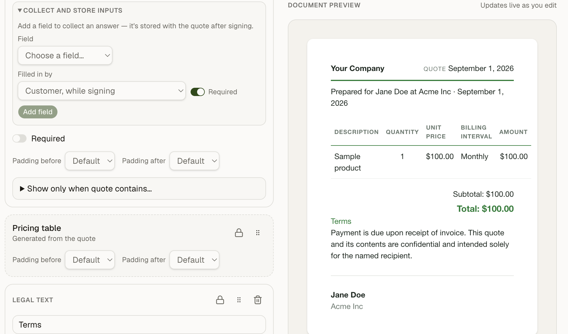 Quote template editor collecting custom fields, with a live document preview