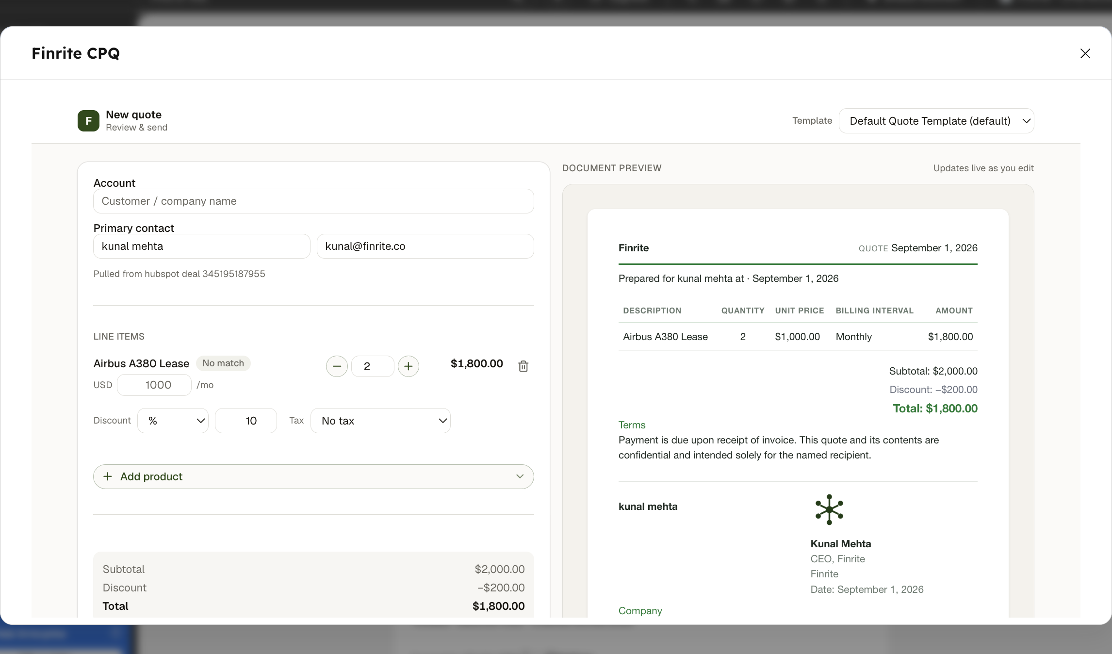 Finrite CPQ quote builder with line items pulled from a HubSpot deal and a live document preview