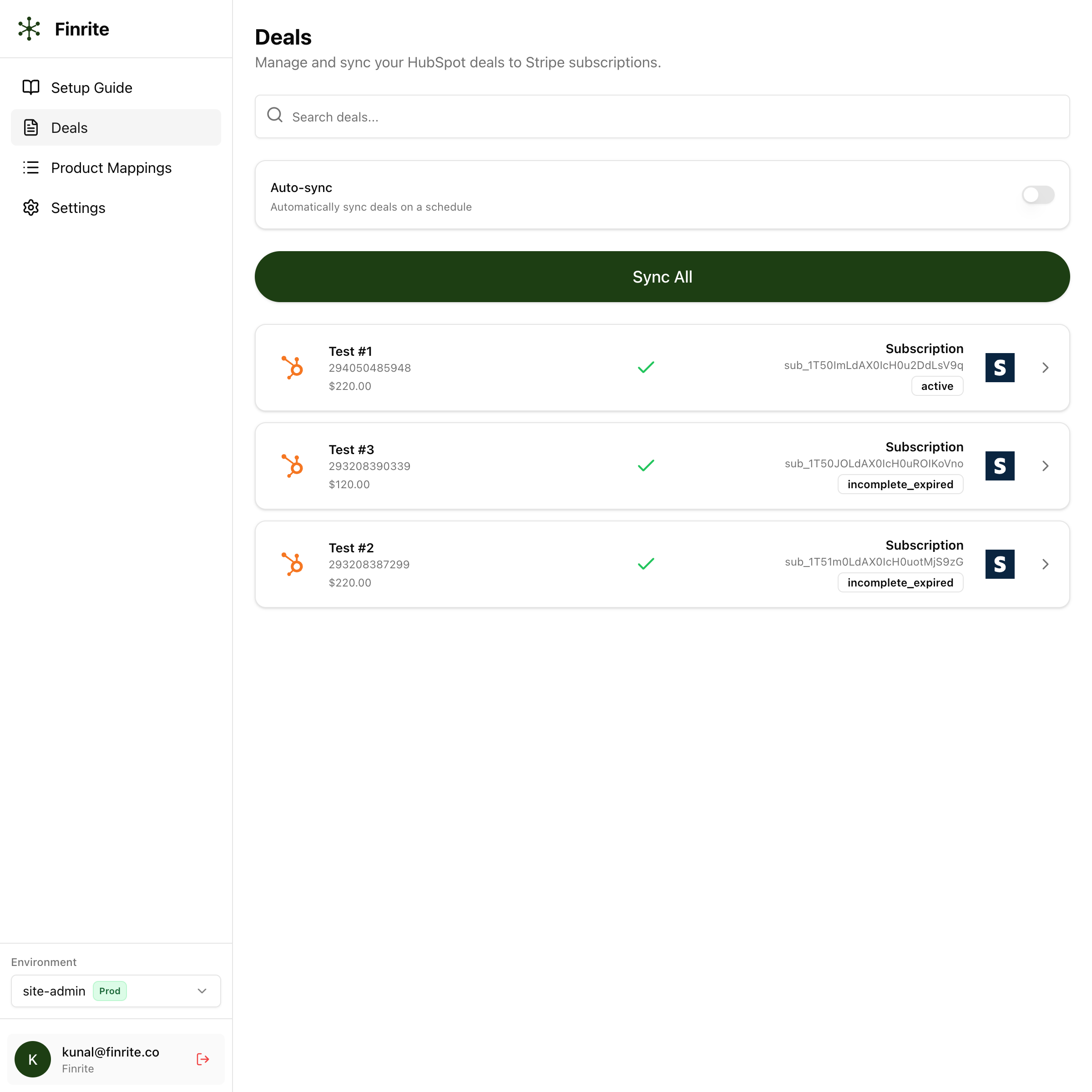 Finrite deal sync dashboard showing HubSpot deals synced to Stripe subscriptions
