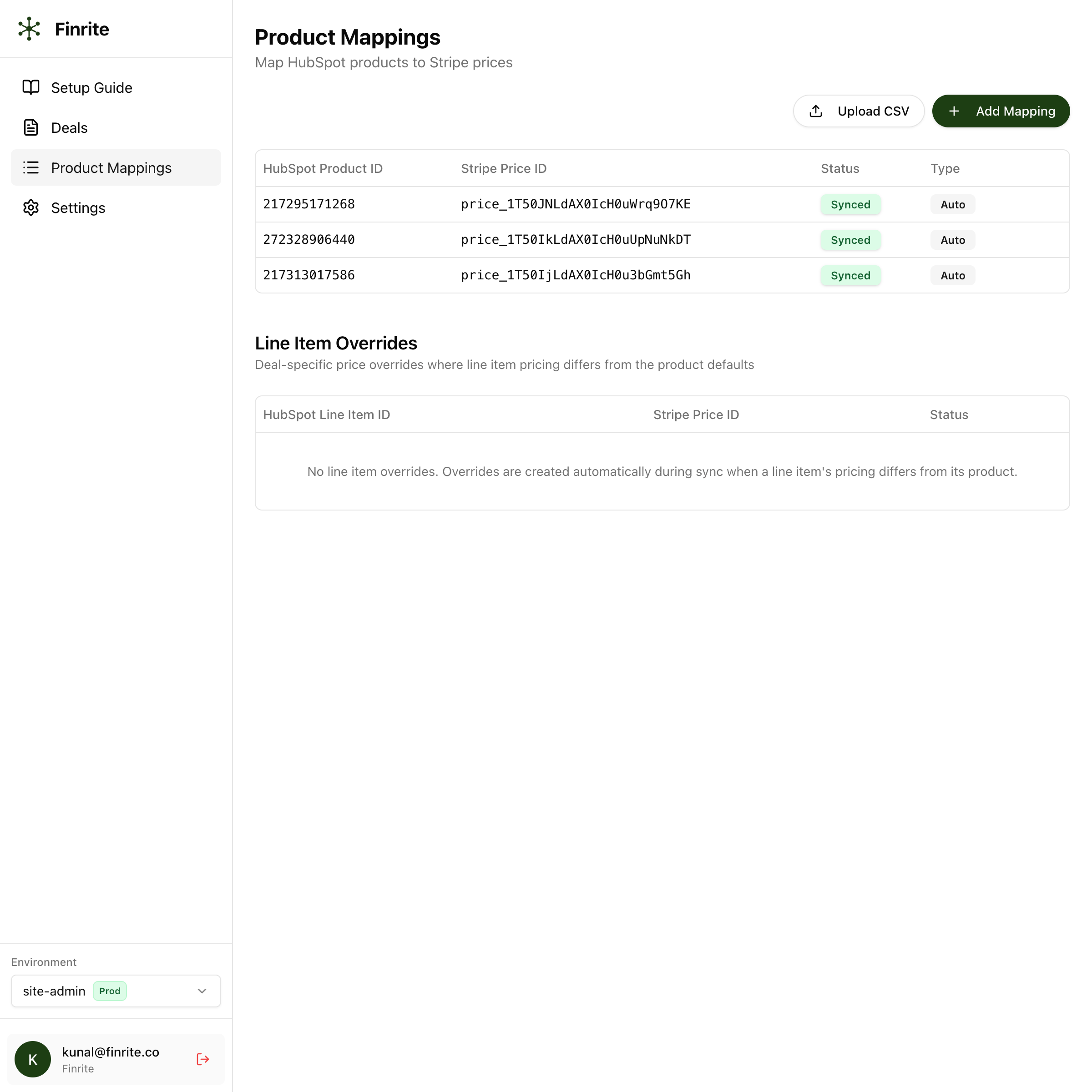 Product mapping interface connecting HubSpot products to Stripe prices