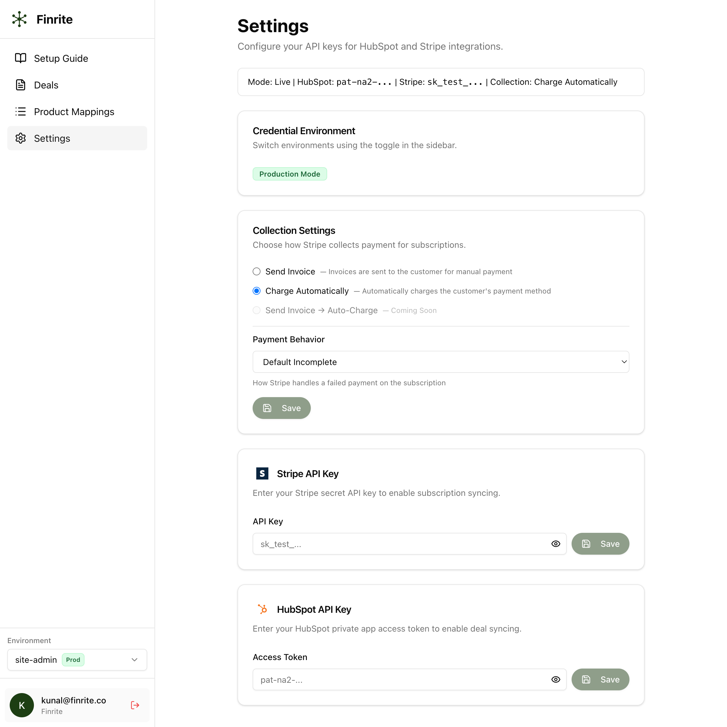 Finrite settings page showing Stripe and HubSpot API configuration